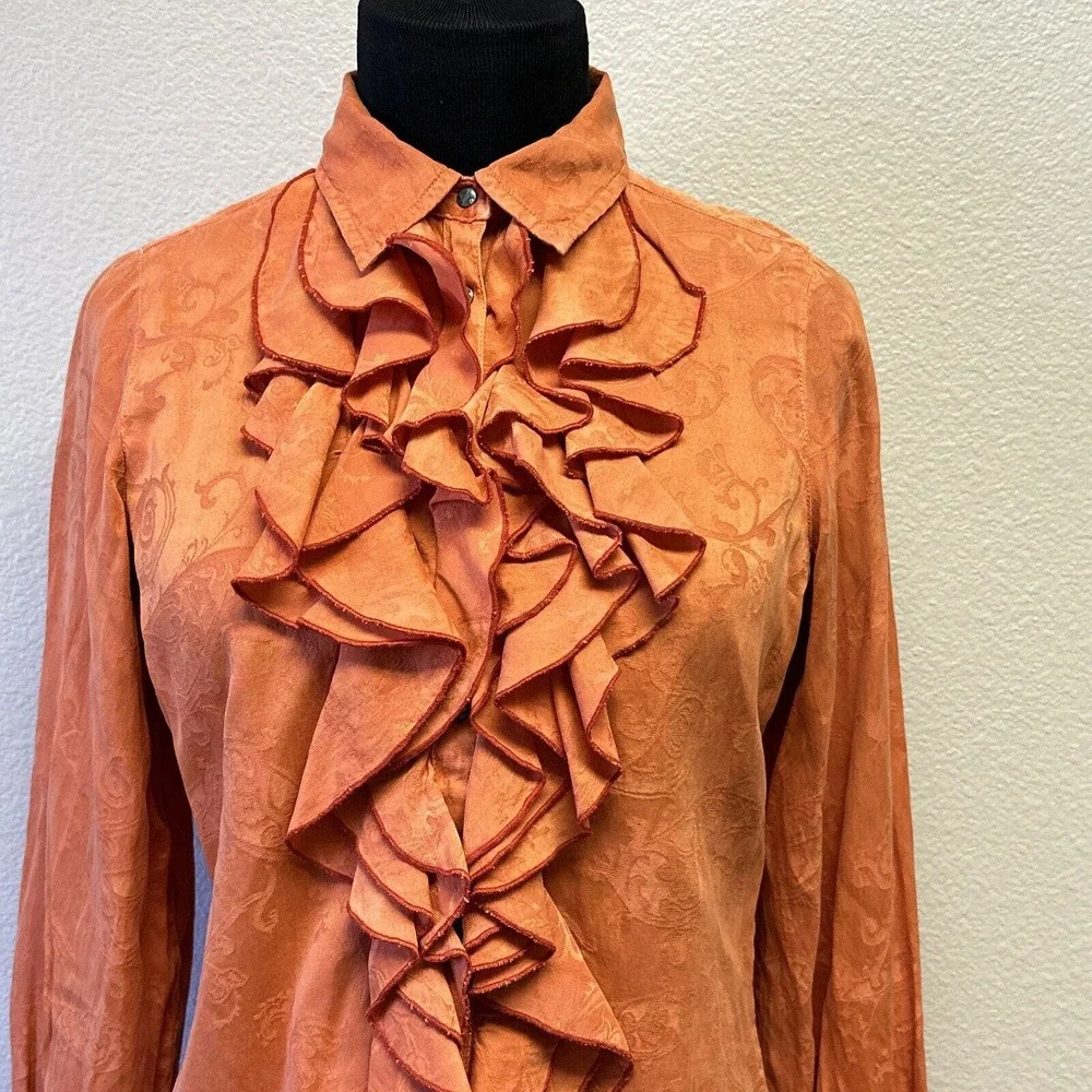 Ryan Michael Small Western Silk Cotton Orange Long Sleeve Ruffle Blouse Top - Picture 2 of 13